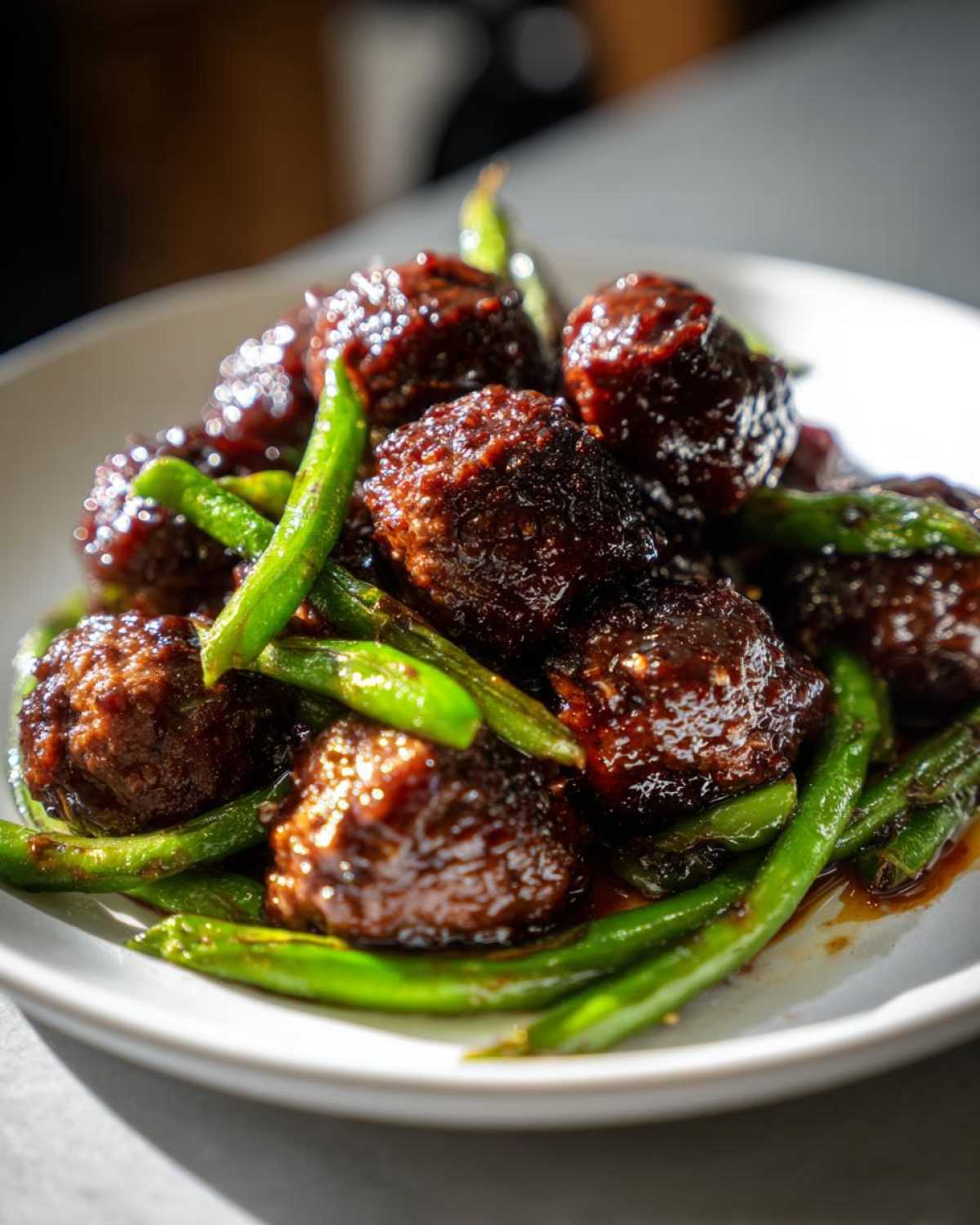 Close-up of Sheet Pan Sticky Sesame Meatballs coated in a dark glaze mixed with vibrant green snap peas on a white plate.
