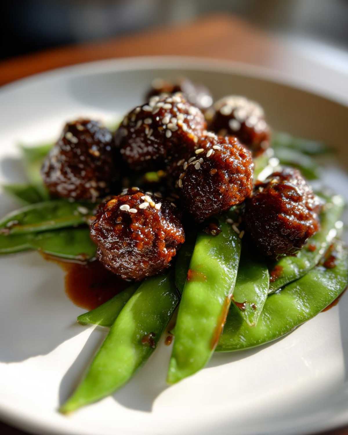 Close-up of sticky sesame meatballs served over bright green snap peas, drizzled with sauce.