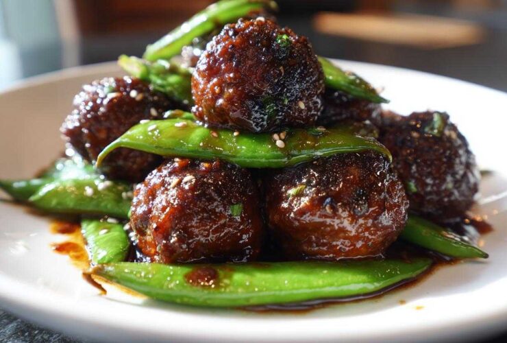 Close-up of glossy Sheet Pan Sticky Sesame Meatballs coated in dark sauce, served with vibrant green snap peas.