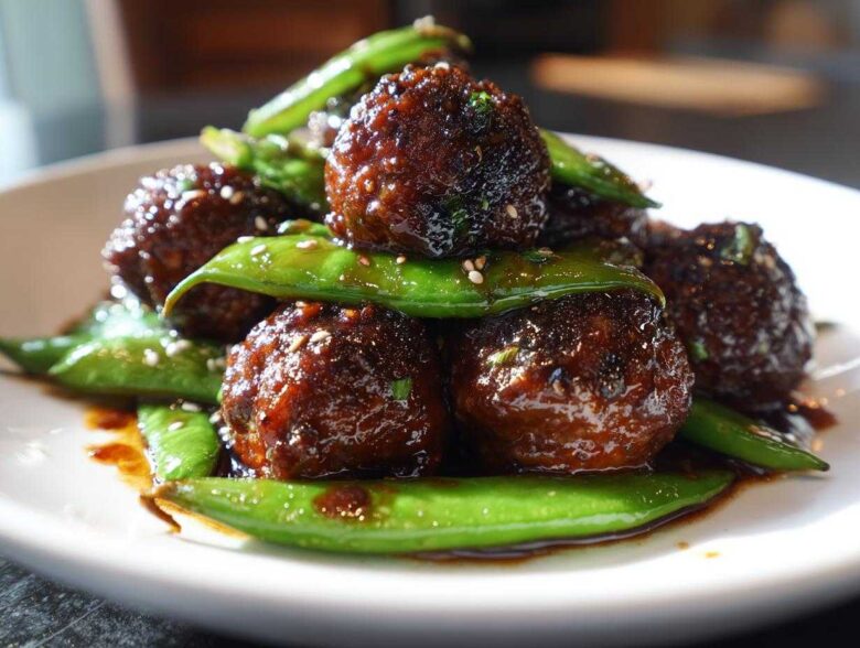 Close-up of glossy Sheet Pan Sticky Sesame Meatballs coated in dark sauce, served with vibrant green snap peas.