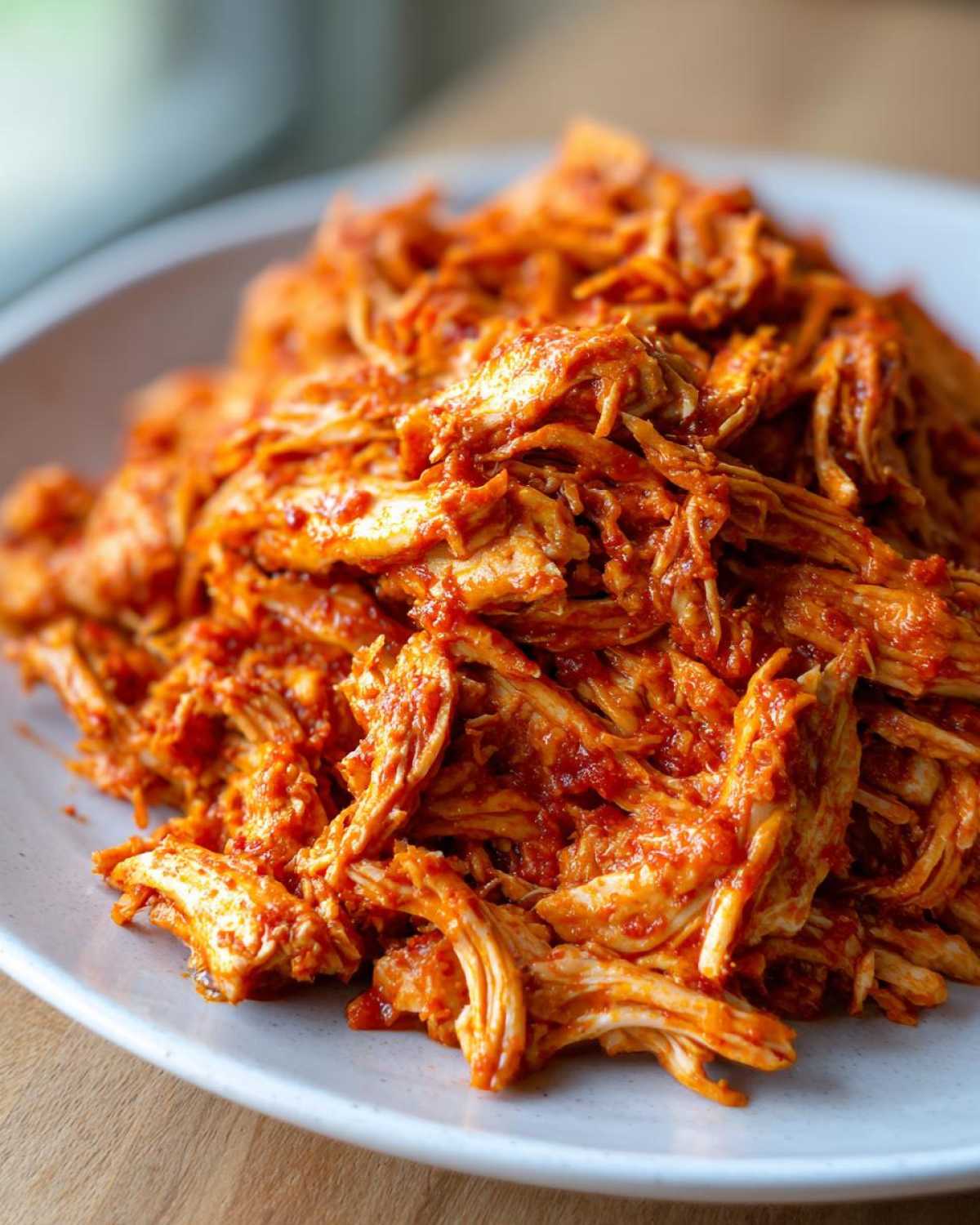 A close-up of perfectly shredded chicken tinga coated in a vibrant, rich red, smoky sauce, piled high on a white plate.