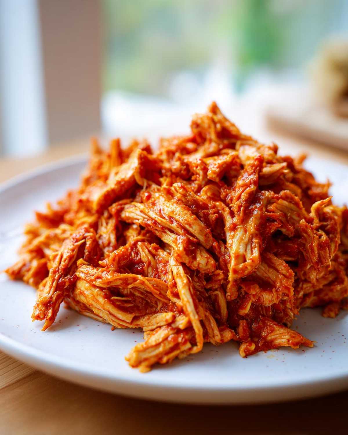Close-up of a mound of vibrant, shredded chicken tinga coated in rich red sauce resting on a white plate.