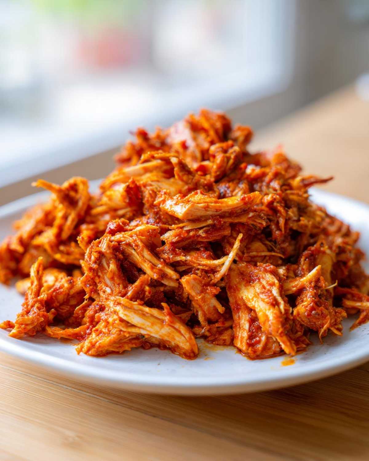 A close-up of a mound of vibrant, shredded chicken tinga coated in rich, red adobo sauce on a white plate.