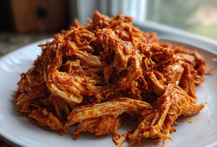 Close-up of vibrant, shredded chicken tinga piled high on a white plate, coated in rich red sauce.