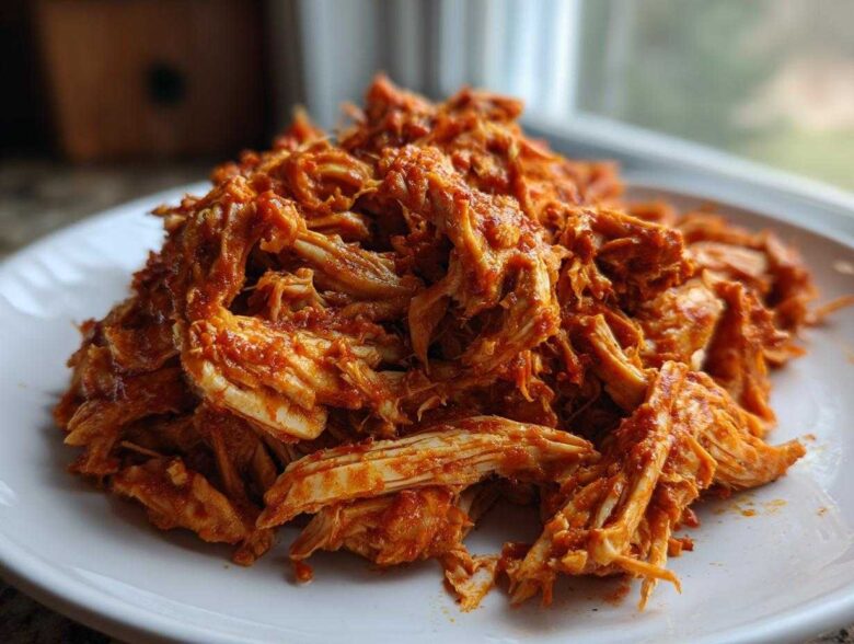Close-up of vibrant, shredded chicken tinga piled high on a white plate, coated in rich red sauce.