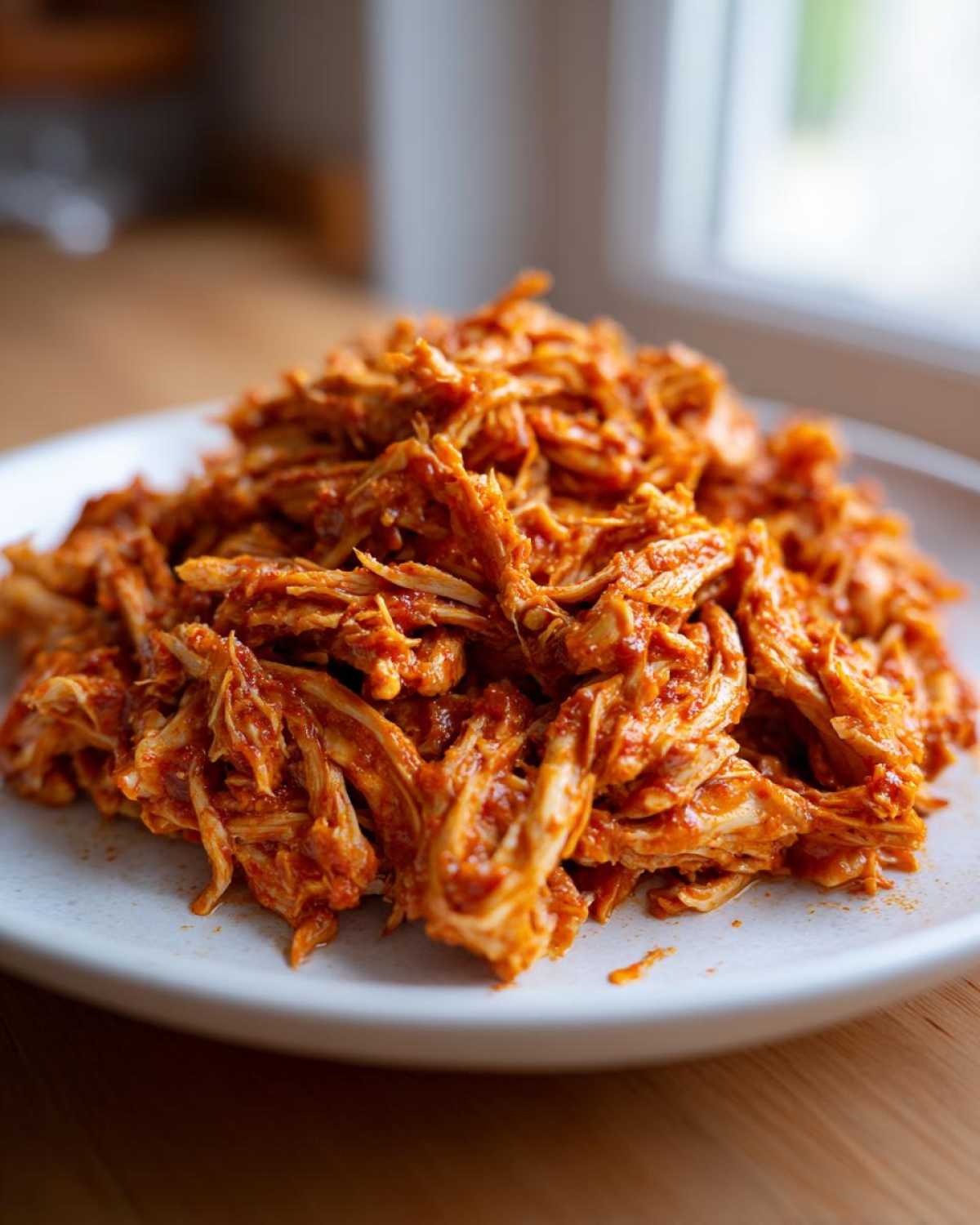 A close-up of a mound of vibrant, shredded chicken tinga coated in a rich, savory red sauce, served on a white plate.