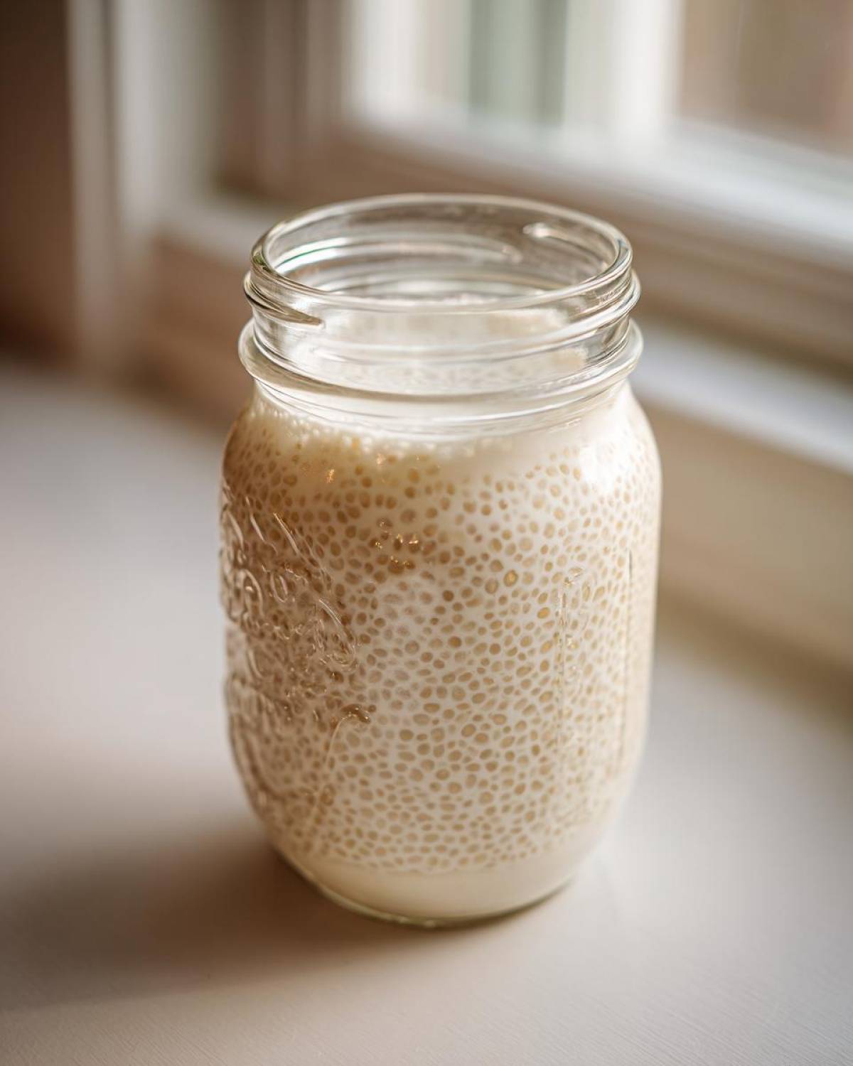 A glass mason jar filled with creamy, prepared chia seed pudding resting on a white surface near a window.