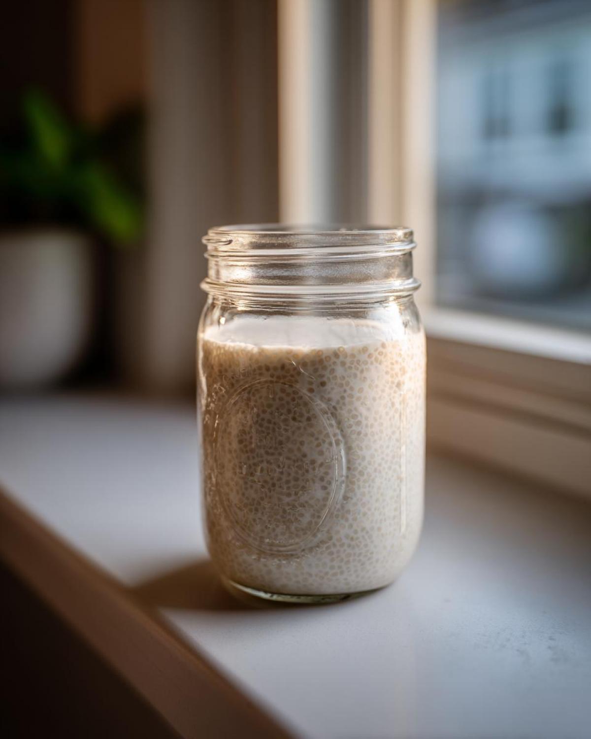 Close-up of creamy chia seed pudding prepared in a clear glass mason jar sitting on a windowsill.