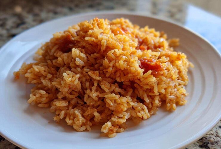 A close-up of a mound of Simple & Fluffy Mexican Rice on a white plate.