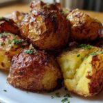 Close-up of fluffy Simple Irish Roasted Potatoes with crispy, golden-brown skins, garnished with fresh parsley.
