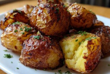 Close-up of fluffy Simple Irish Roasted Potatoes with crispy, golden-brown skins, garnished with fresh parsley.