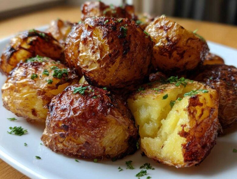 Close-up of fluffy Simple Irish Roasted Potatoes with crispy, golden-brown skins, garnished with fresh parsley.