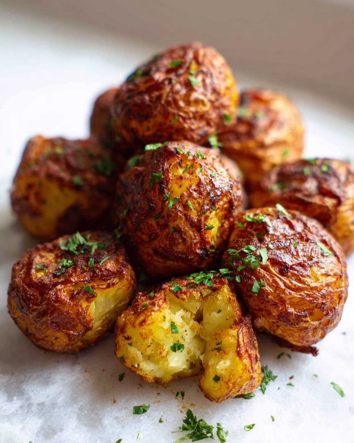 A pile of golden brown, crispy Simple Irish Roasted Potatoes garnished with fresh chopped parsley.