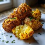Close-up of crispy, golden Simple Irish Roasted Potatoes piled on a white plate, one broken open showing fluffy interior.