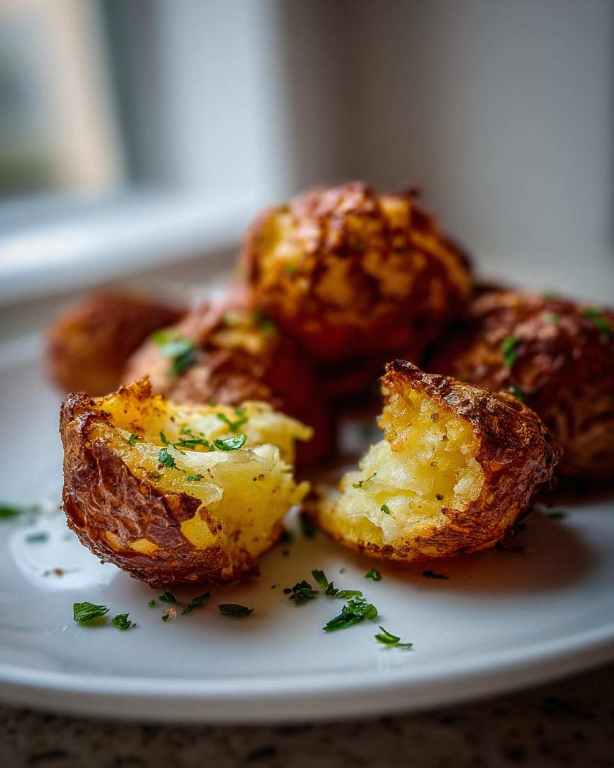 Close-up of crispy Simple Irish Roasted Potatoes, one broken open showing fluffy interior and herbs.