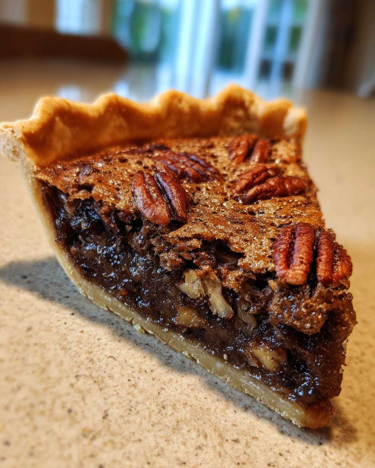 Close-up of a rich slice of chocolate pecan pie with a flaky crust and whole pecans on top.