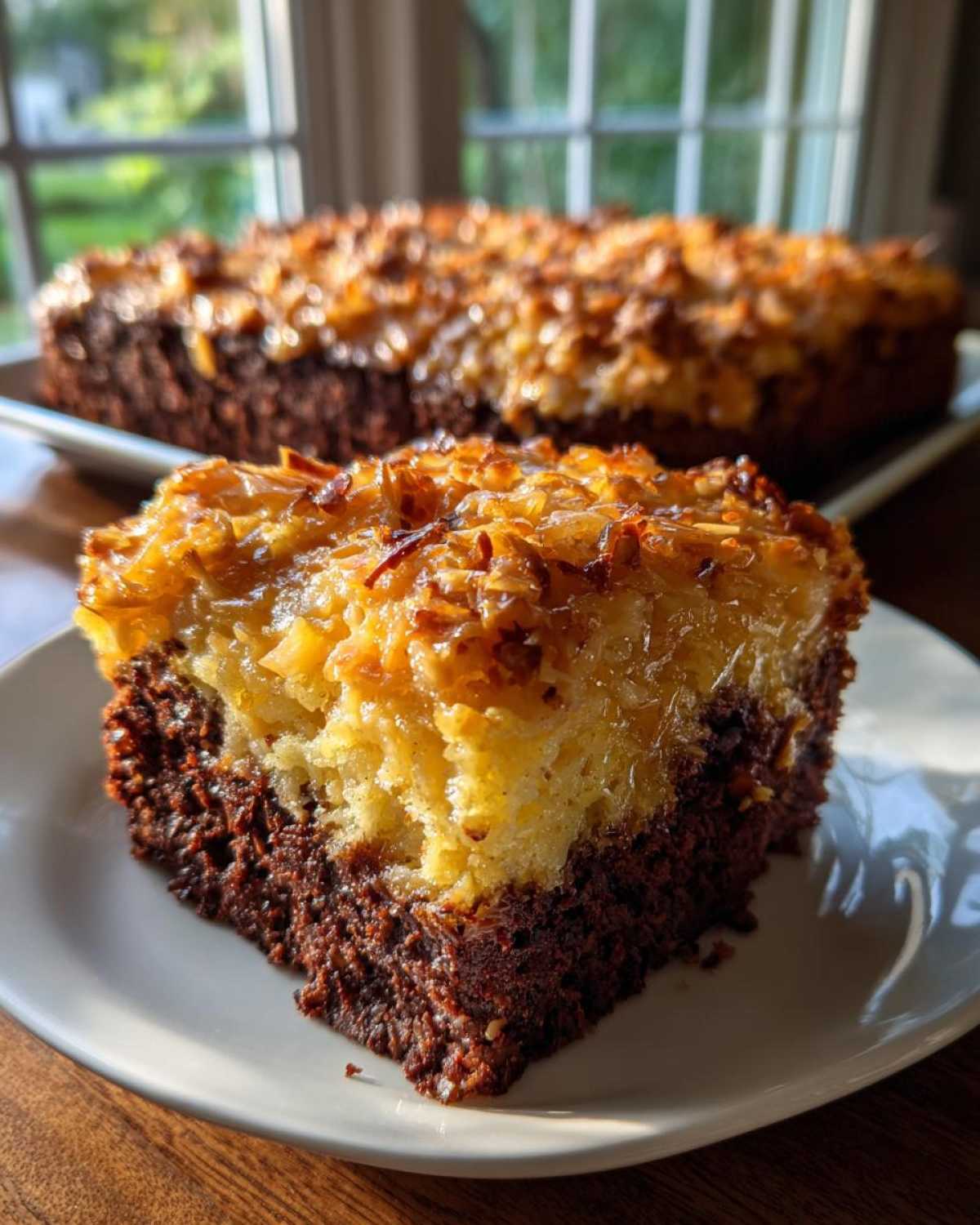 A close-up slice of moist german chocolate poke cake showing the dark chocolate base and thick, gooey coconut-pecan topping.