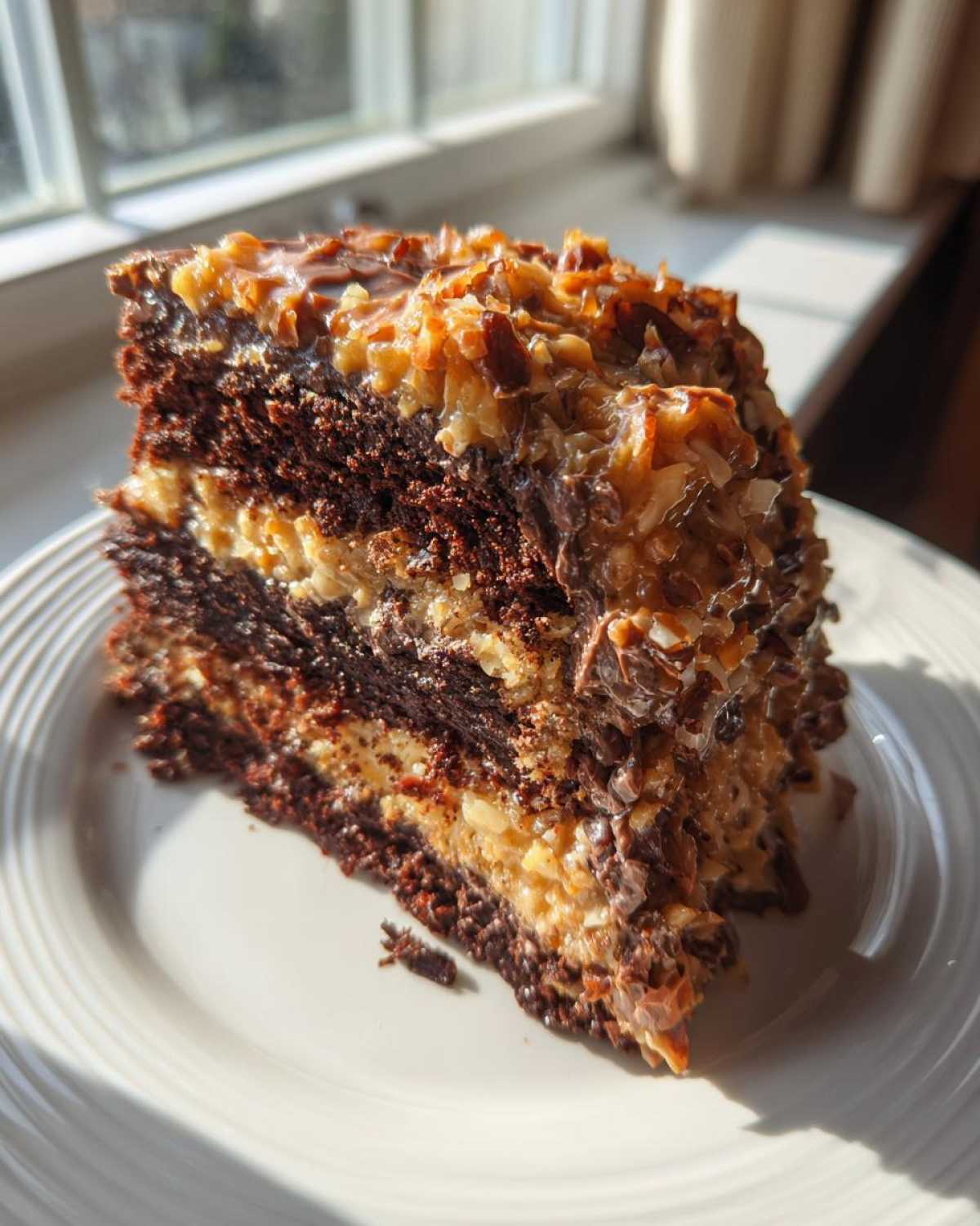 A tall, moist slice of german chocolate poke cake showing layers of dark chocolate cake and creamy coconut pecan filling.