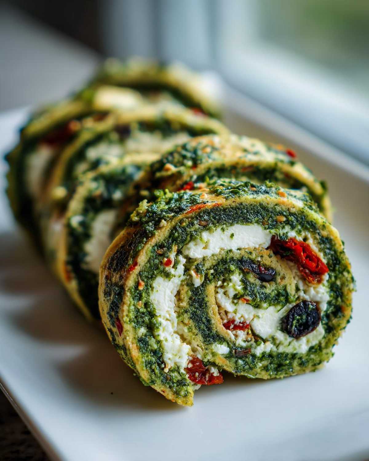 Close-up of several slices of green pesto italian pinwheels filled with white cheese and sun-dried tomatoes.