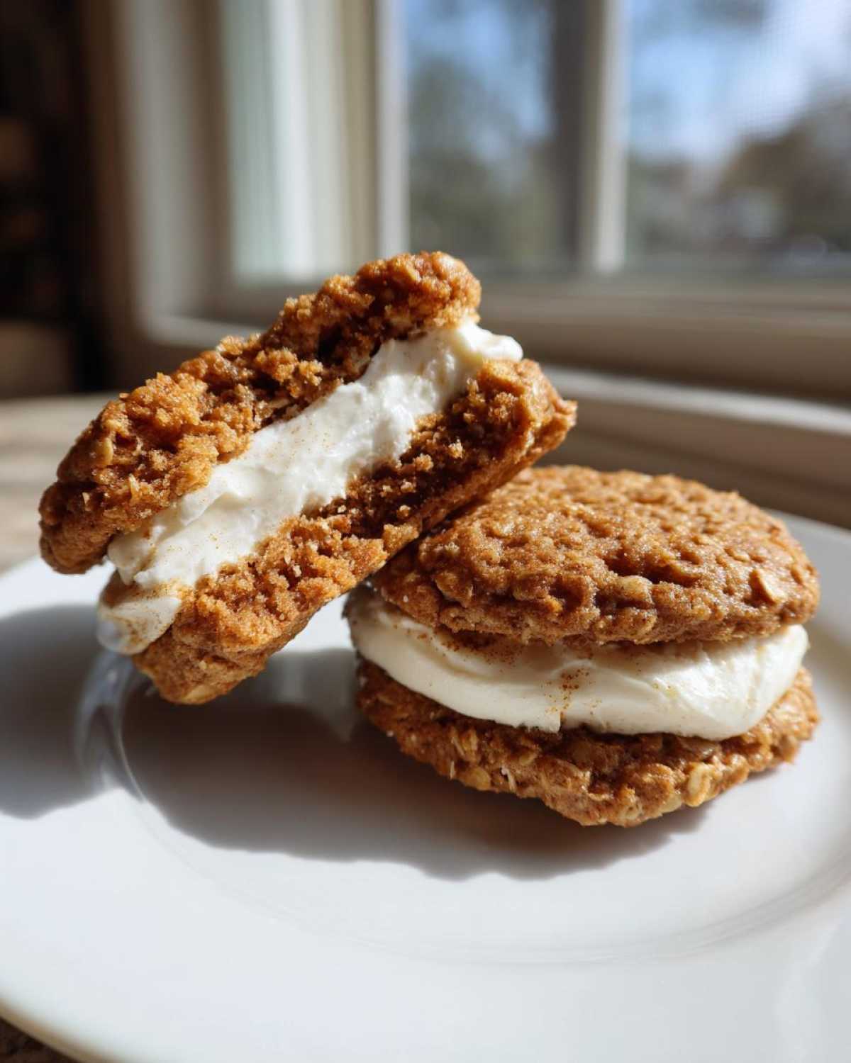 Two soft oatmeal cream pies filled with thick white cream frosting, dusted with spice.