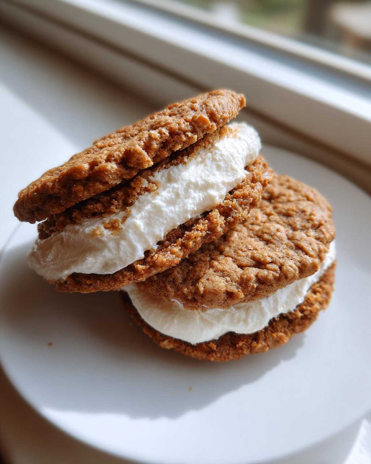 Two soft oatmeal cream pies stacked on a white plate, showing the creamy white filling between the spiced oatmeal cookies.