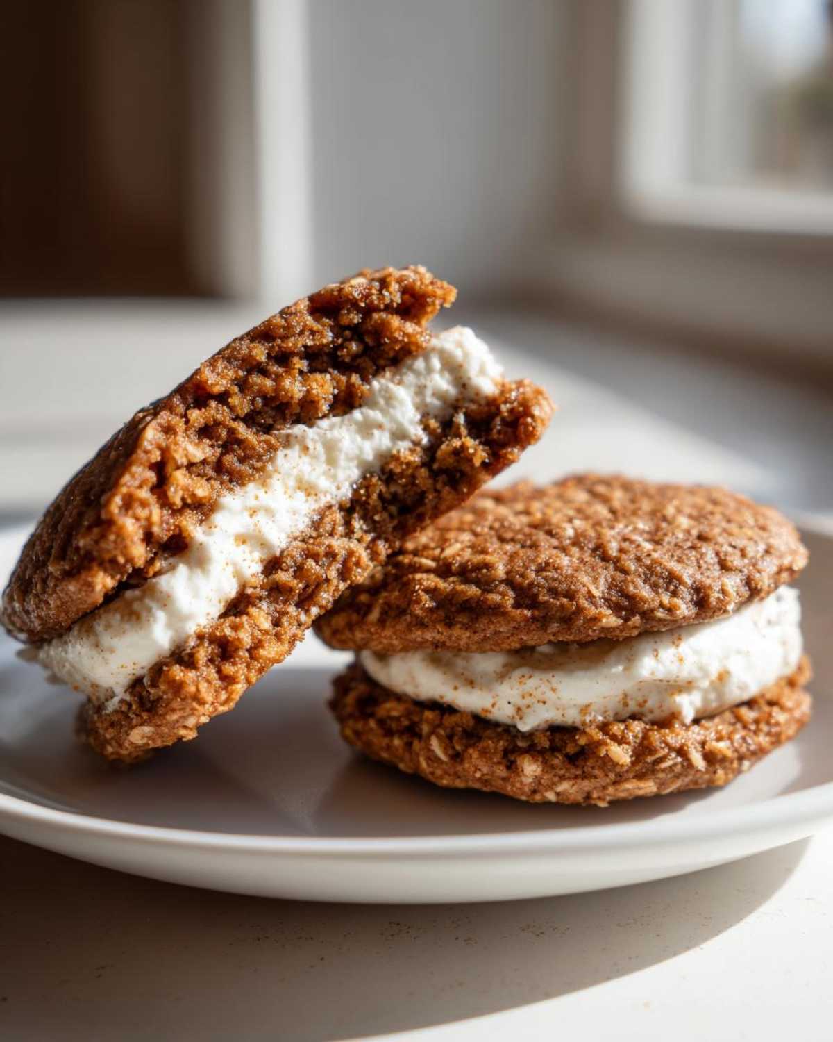 Two soft oatmeal cream pies cookies, one broken open to show the creamy filling, sitting on a white plate.