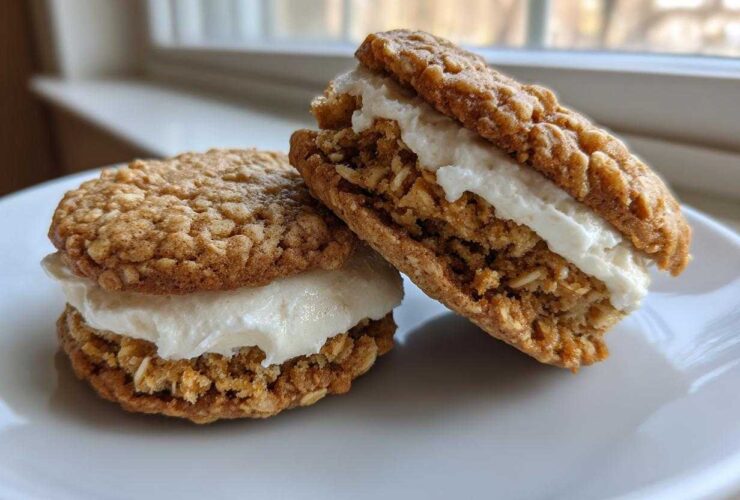 Two soft oatmeal cream pies stacked with creamy white filling, displayed on a white plate.