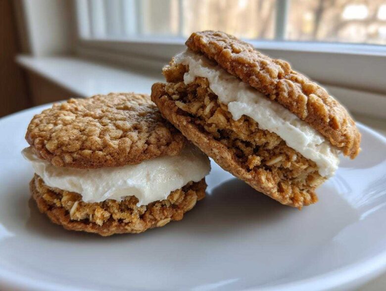 Two soft oatmeal cream pies stacked with creamy white filling, displayed on a white plate.