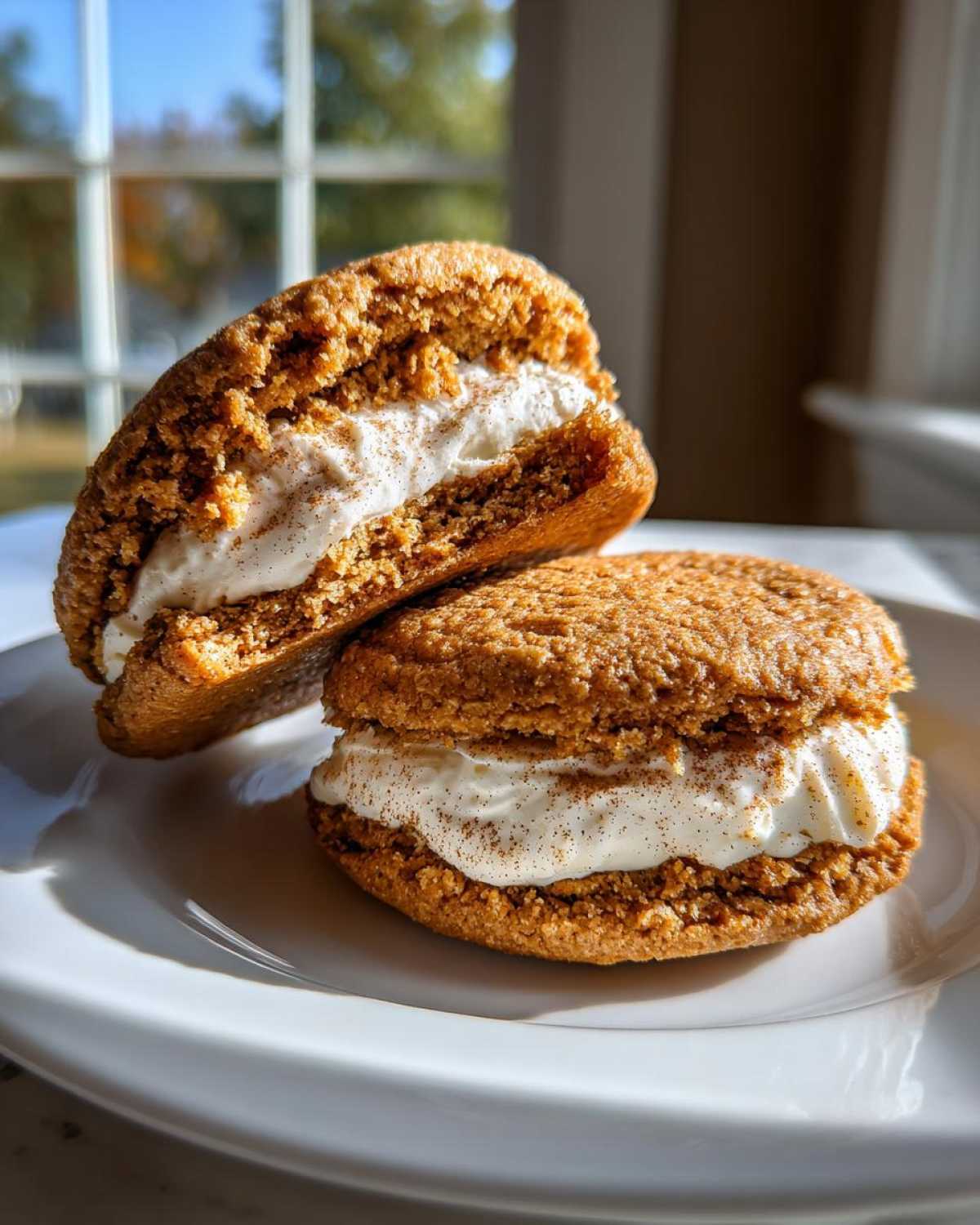 Two soft oatmeal cream pies stacked on a white plate, featuring spiced cookies and creamy filling dusted with cinnamon.