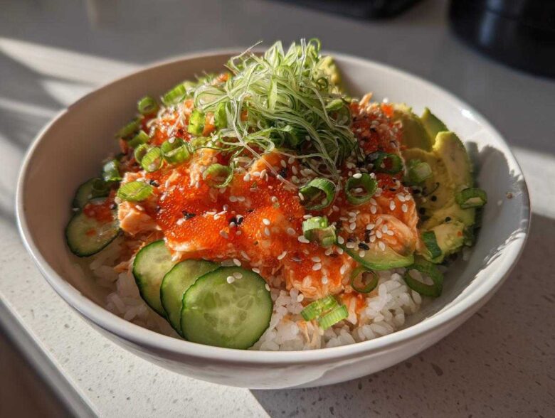 A vibrant spicy crab sushi bowl featuring rice topped with spicy crab mixture, bright orange tobiko, sliced avocado, cucumber, and green onions.