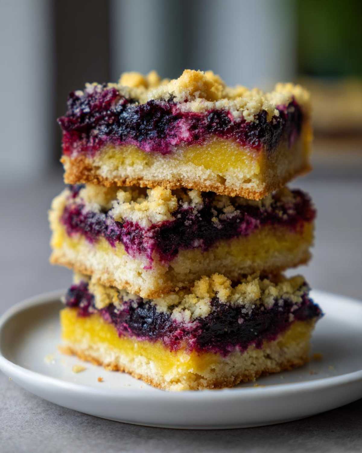 Three stacked squares of Gluten-Free Lemon Blueberry Layer Bars showing the crust, lemon, blueberry, and crumble topping.
