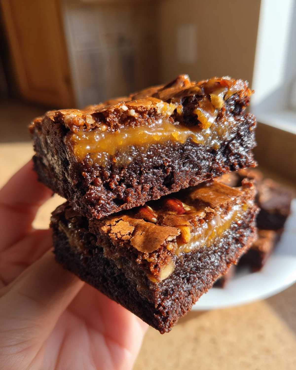 Two stacked, decadent pecan pie brownies showing a rich chocolate base and gooey caramel pecan filling.