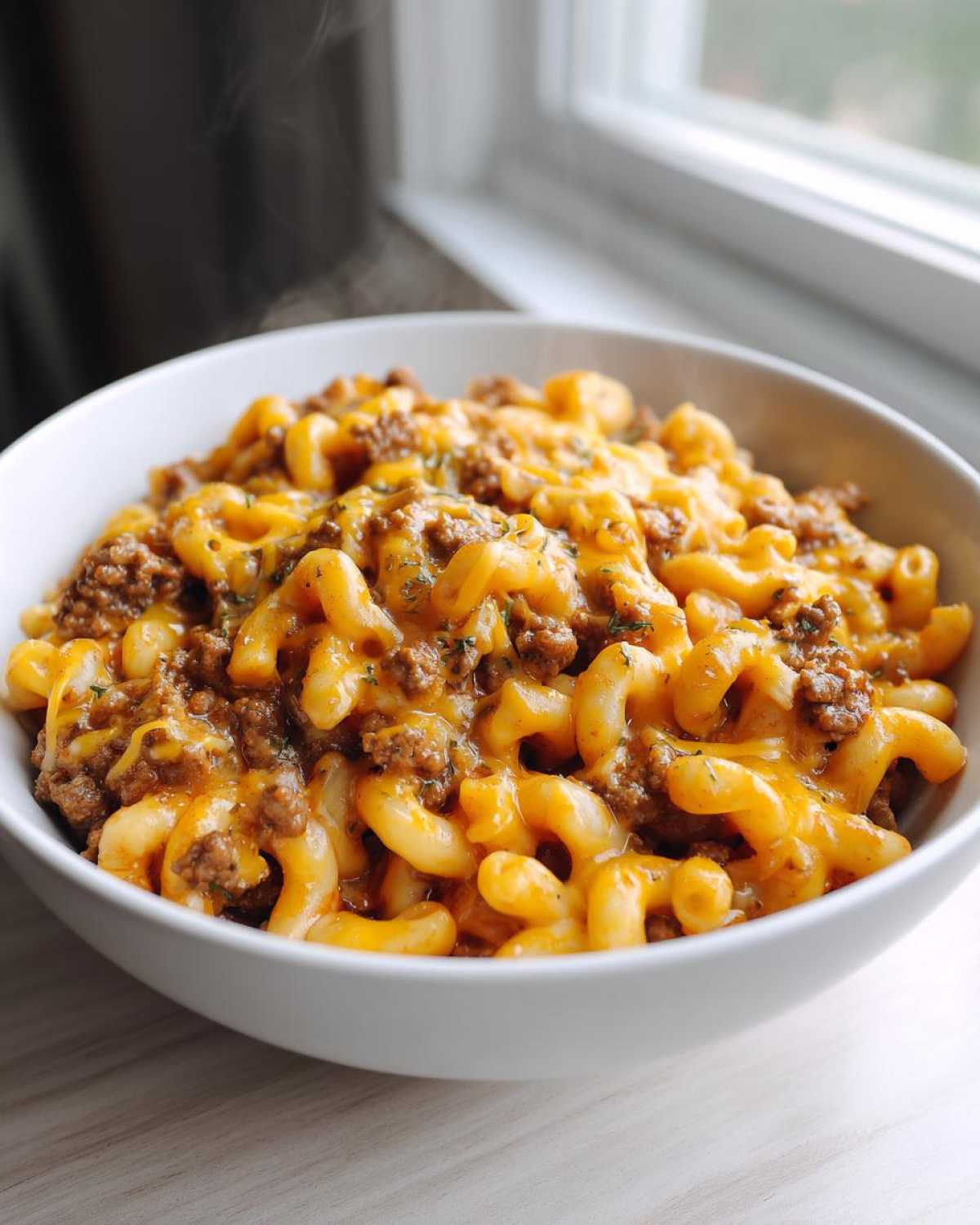 Close-up of a steaming white bowl filled with cheesy taco pasta mixed with ground beef and garnished with herbs.