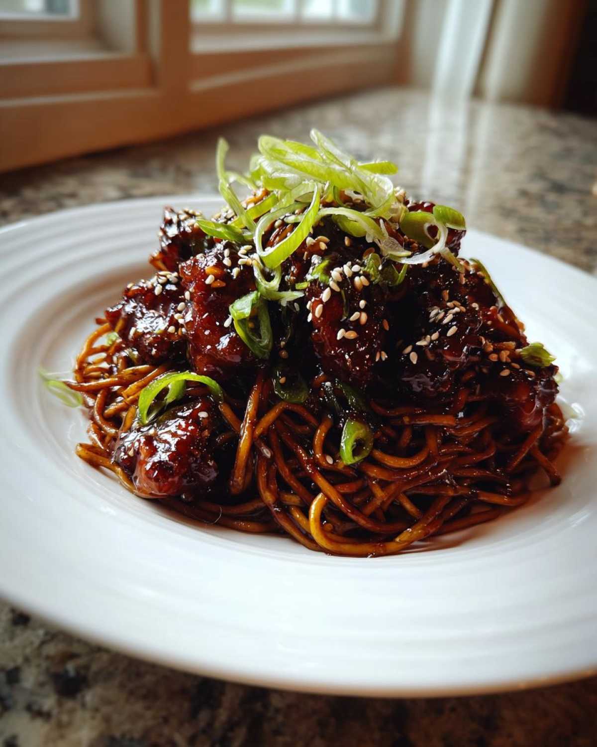 A close-up of Sticky Garlic Chicken Noodles topped with sesame seeds and fresh green onions on a white plate.