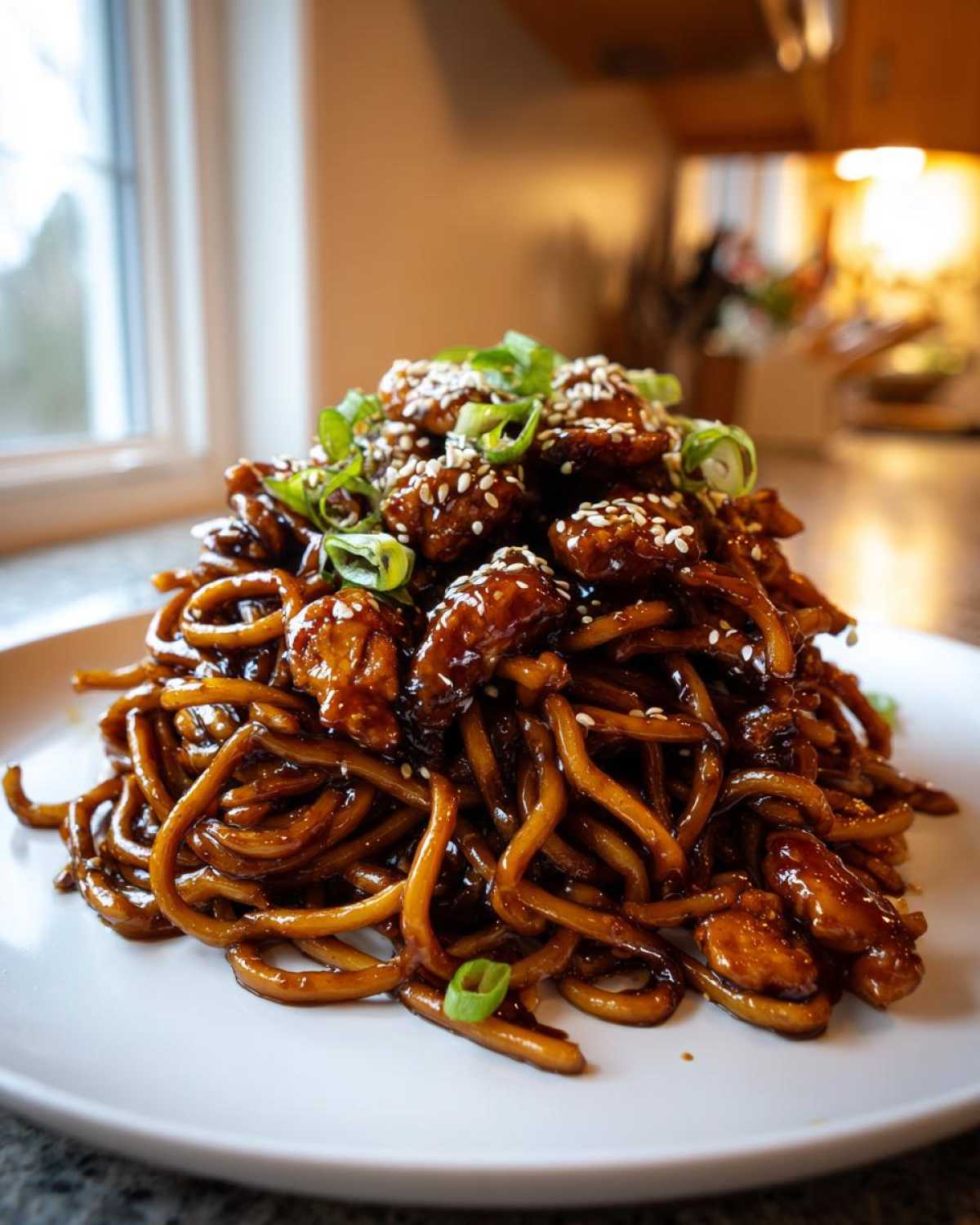 A tall mound of glossy Sticky Garlic Chicken Noodles topped with sesame seeds and sliced green onions on a white plate.