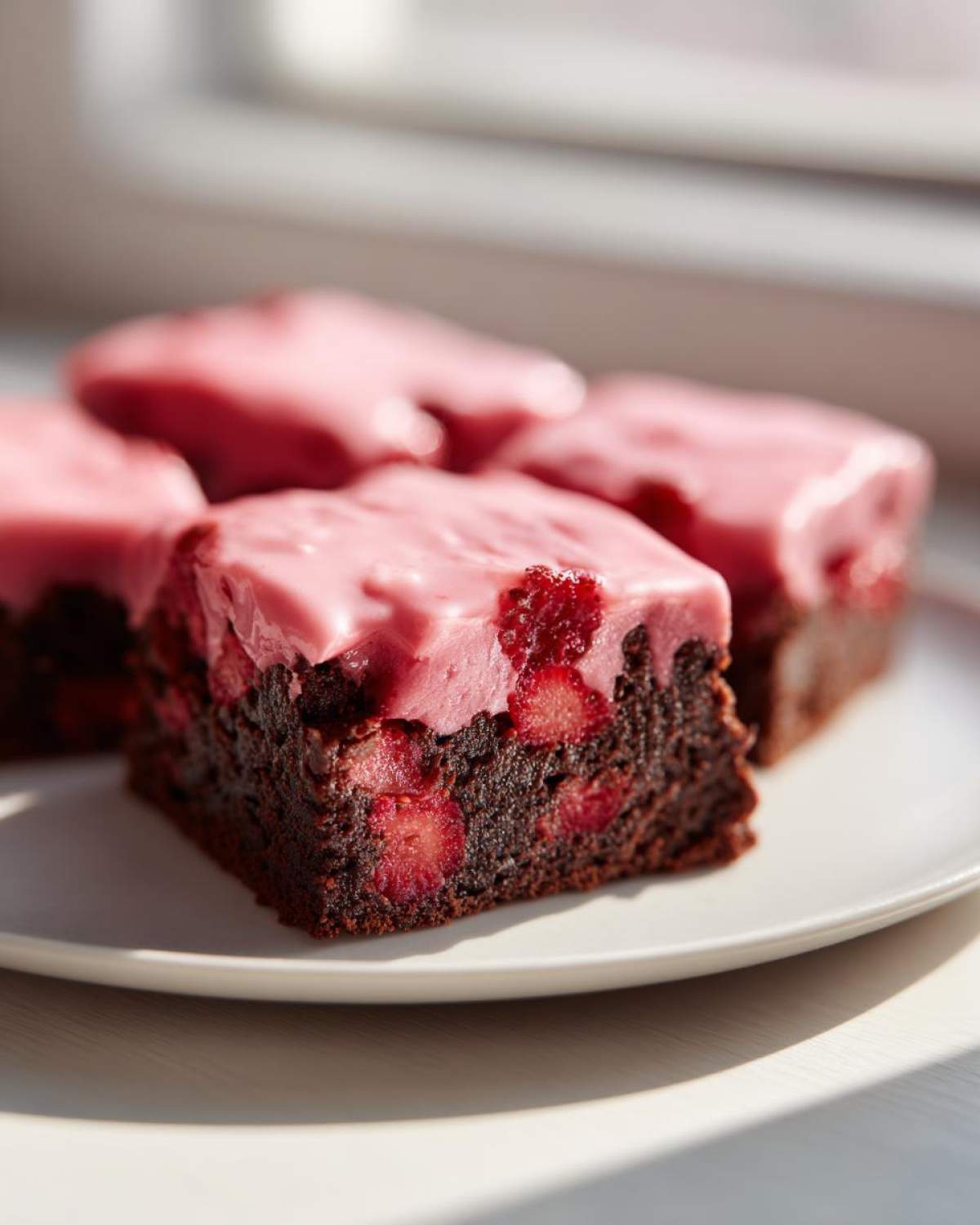 Close-up of rich Strawberry Brownies with Sweet Strawberry Glaze squares on a white plate.