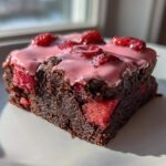 A single, rich slice of Strawberry Brownies with Sweet Strawberry Glaze, topped with fresh strawberries.