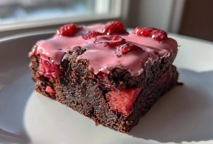 A single, rich slice of Strawberry Brownies with Sweet Strawberry Glaze, topped with fresh strawberries.