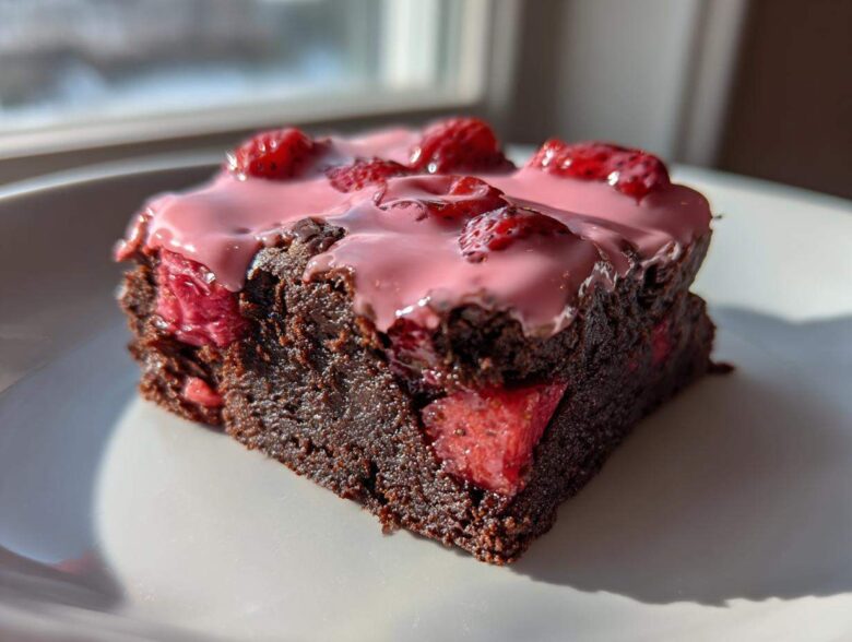 A single, rich slice of Strawberry Brownies with Sweet Strawberry Glaze, topped with fresh strawberries.