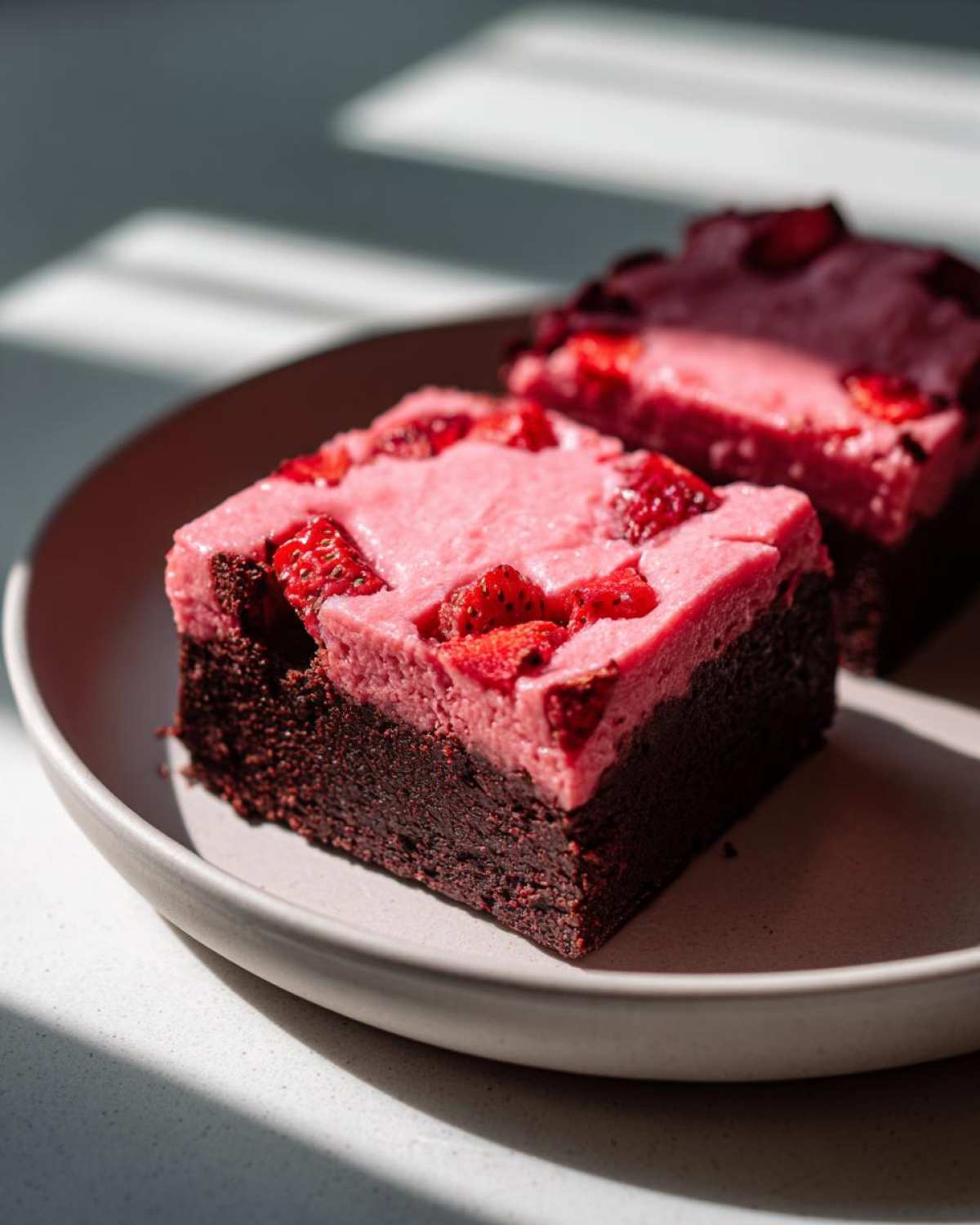 Two squares of rich chocolate Strawberry Brownies with Sweet Strawberry Glaze topped with fresh strawberry pieces, served on a light plate.