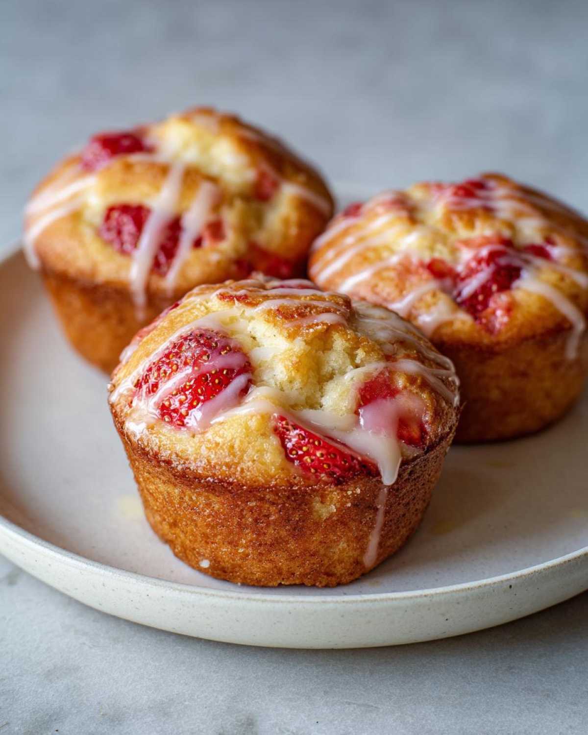 Three golden-brown Strawberry Yogurt Muffins topped with fresh strawberries and a sweet white glaze, resting on a plate.