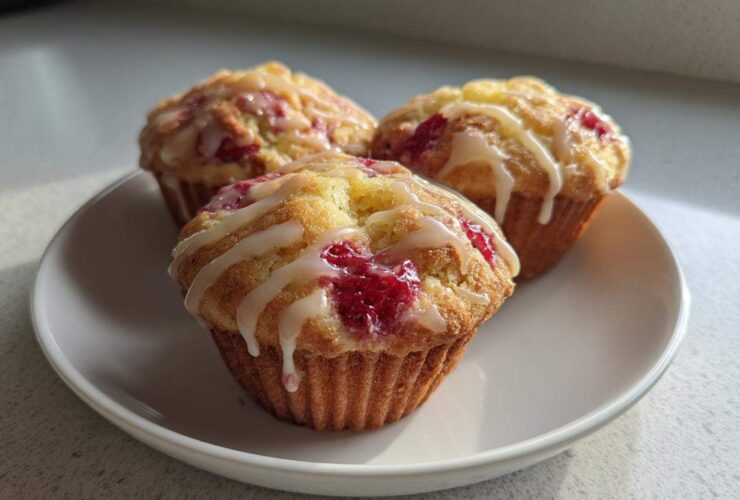 Three delicious Strawberry Yogurt Muffins topped with a white glaze, resting on a white plate.