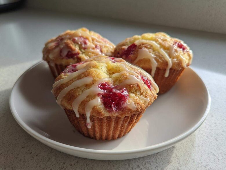 Three delicious Strawberry Yogurt Muffins topped with a white glaze, resting on a white plate.