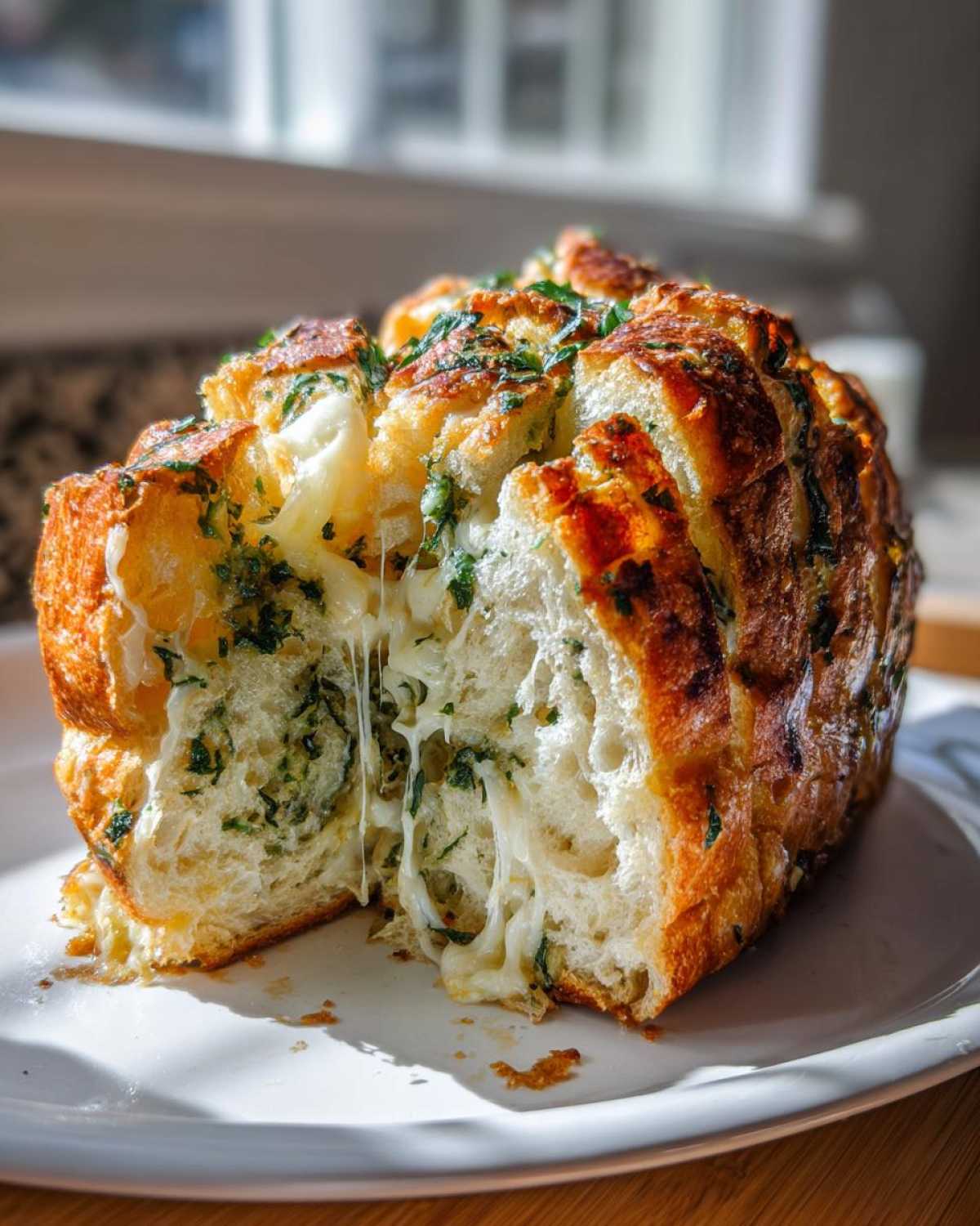 A cross-section of Swirled Garlic Herb and Cheese Bread showing melted, stringy cheese and green herbs inside the golden crust.