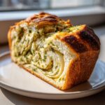 Cross-section of Swirled Garlic Herb and Cheese Bread showing soft layers filled with green herbs and garlic butter.