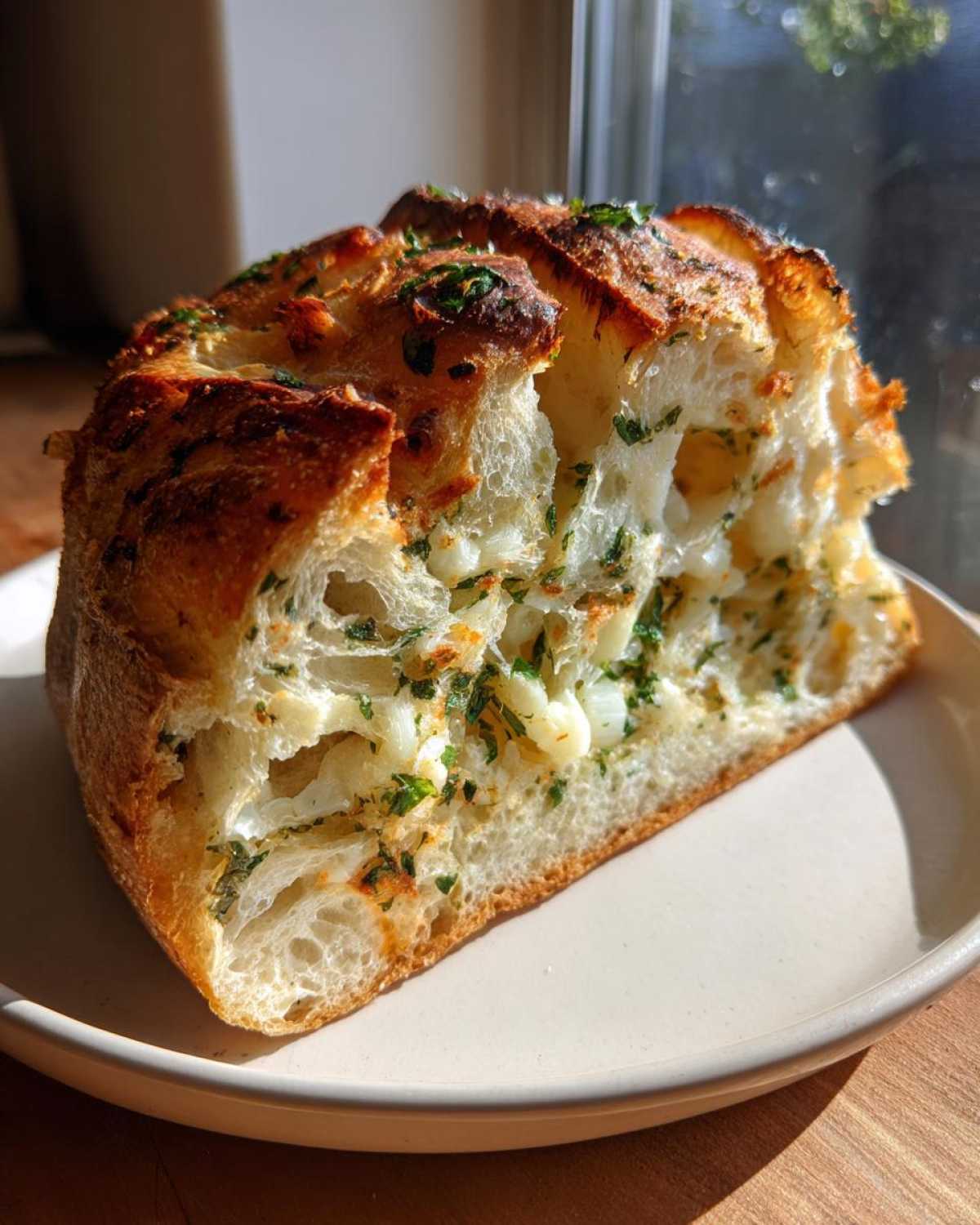 A cross-section slice of Swirled Garlic Herb and Cheese Bread showing melted cheese and green herbs inside a golden crust.