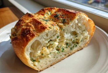 A cross-section of Swirled Garlic Herb and Cheese Bread showing the fluffy interior and cheesy filling.