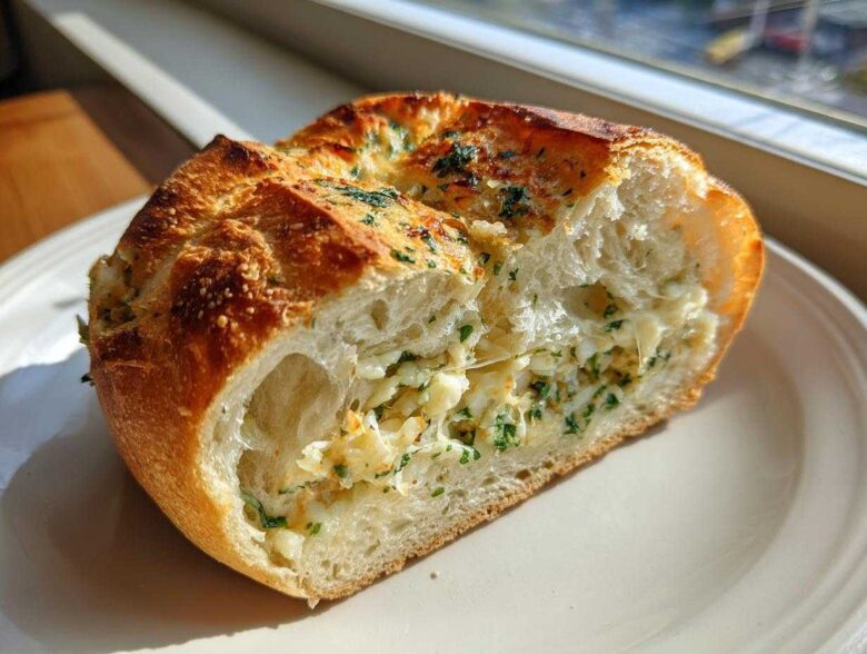 A cross-section of Swirled Garlic Herb and Cheese Bread showing the fluffy interior and cheesy filling.