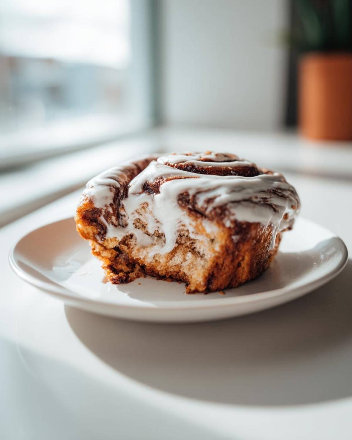 A close-up of a Tres Leches Cinnamon Roll with a bite taken out, drizzled with white icing, sitting on a small white plate.
