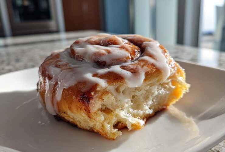 A close-up of a single, fluffy Tres Leches Cinnamon Roll topped with white glaze, sitting on a white plate.